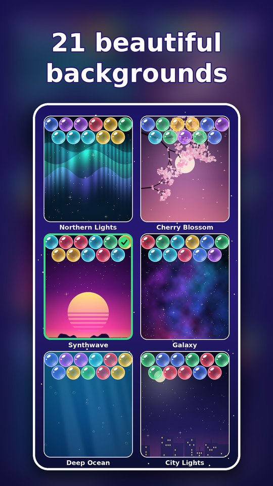 Six of the backgrounds: northern lights, cherry blossom, synthwave, galaxy, ocean and city lights.